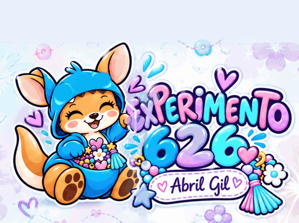 Mascota de Experimento 626, un canguro con capucha rosada, saltando de alegría junto al logotipo de Abril Gil